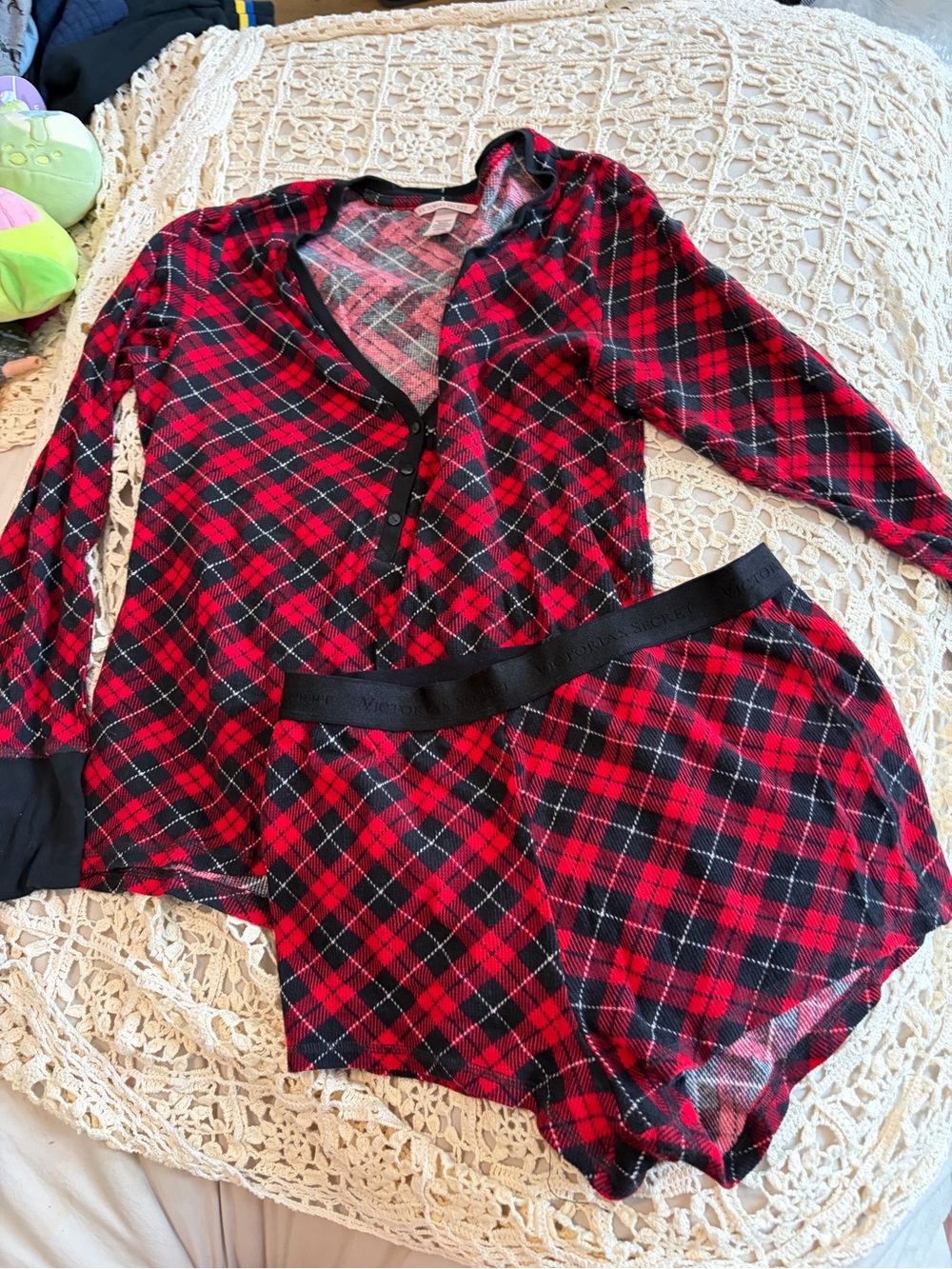 Victoria's Secret Red and Black Plaid Henley Pajama Set